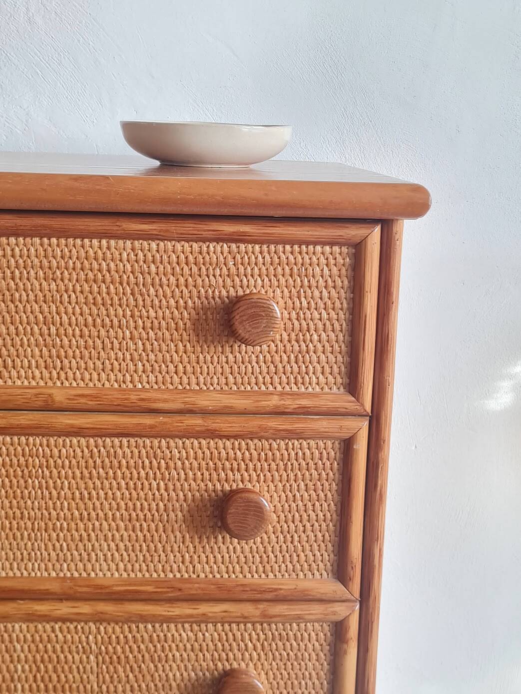 Vintage wicker chest of drawers.