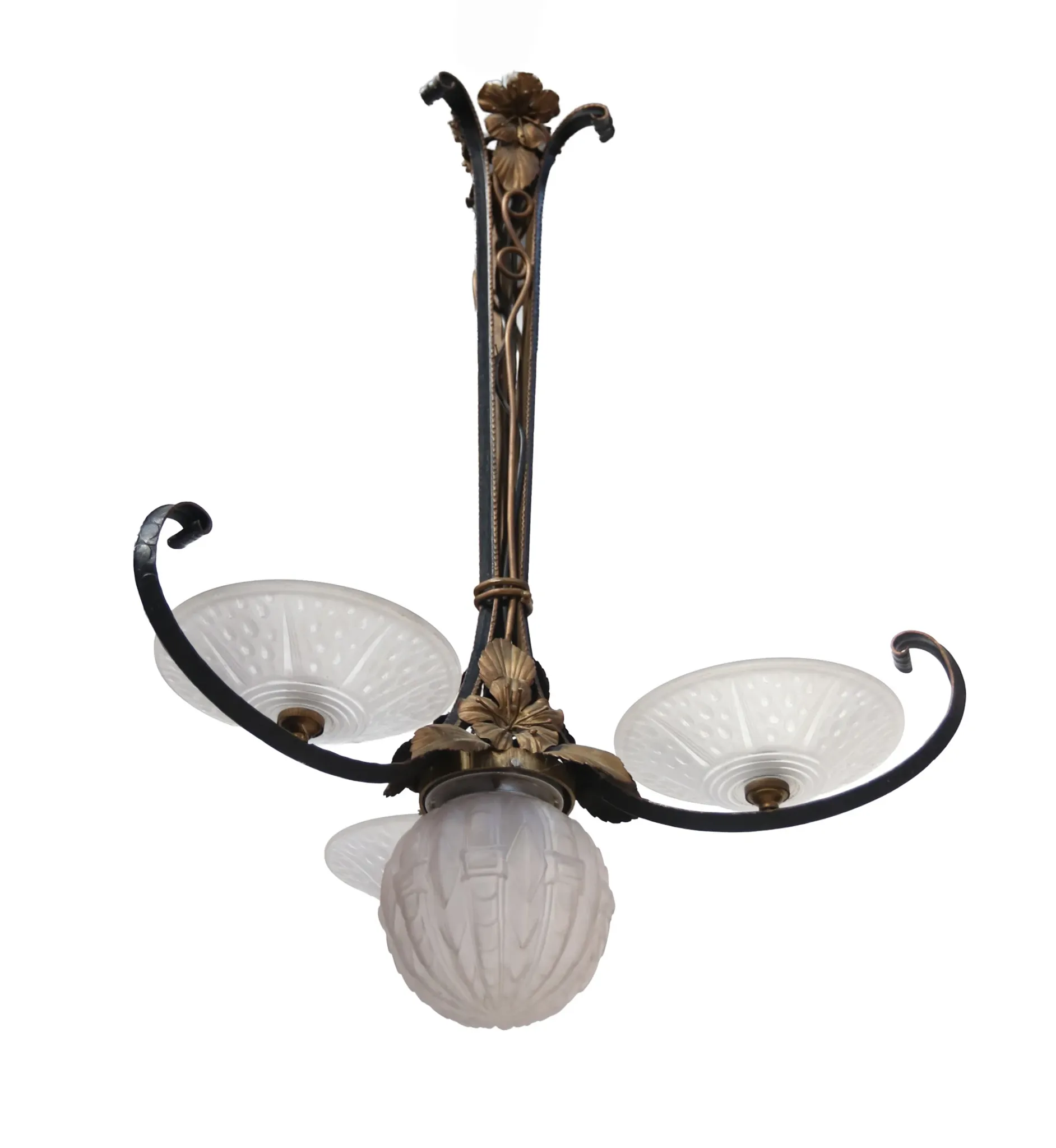 French Art Deco wrought iron pendant lamp, pressed glass, 1920s-30s