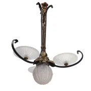 French Art Deco wrought iron pendant lamp, pressed glass, 1920s-30s