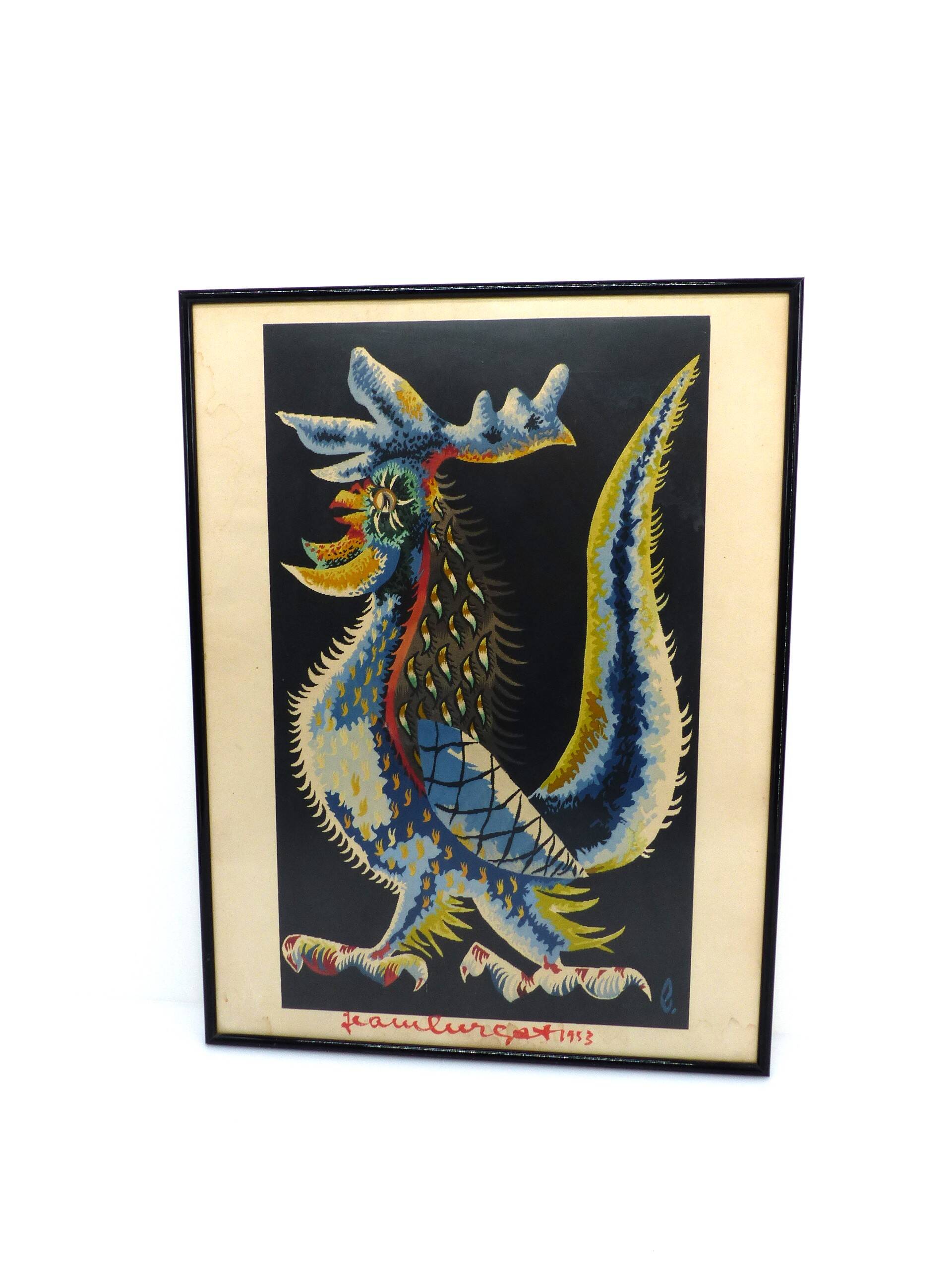 Original hand-signed lithograph, Jean Lurçat, "Stylized Rooster", 1953
