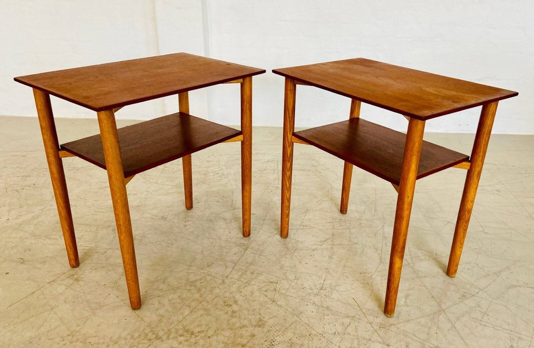 Vintage Danish mid-century teak and oak bedside tables by Næstved Møbelfabrik