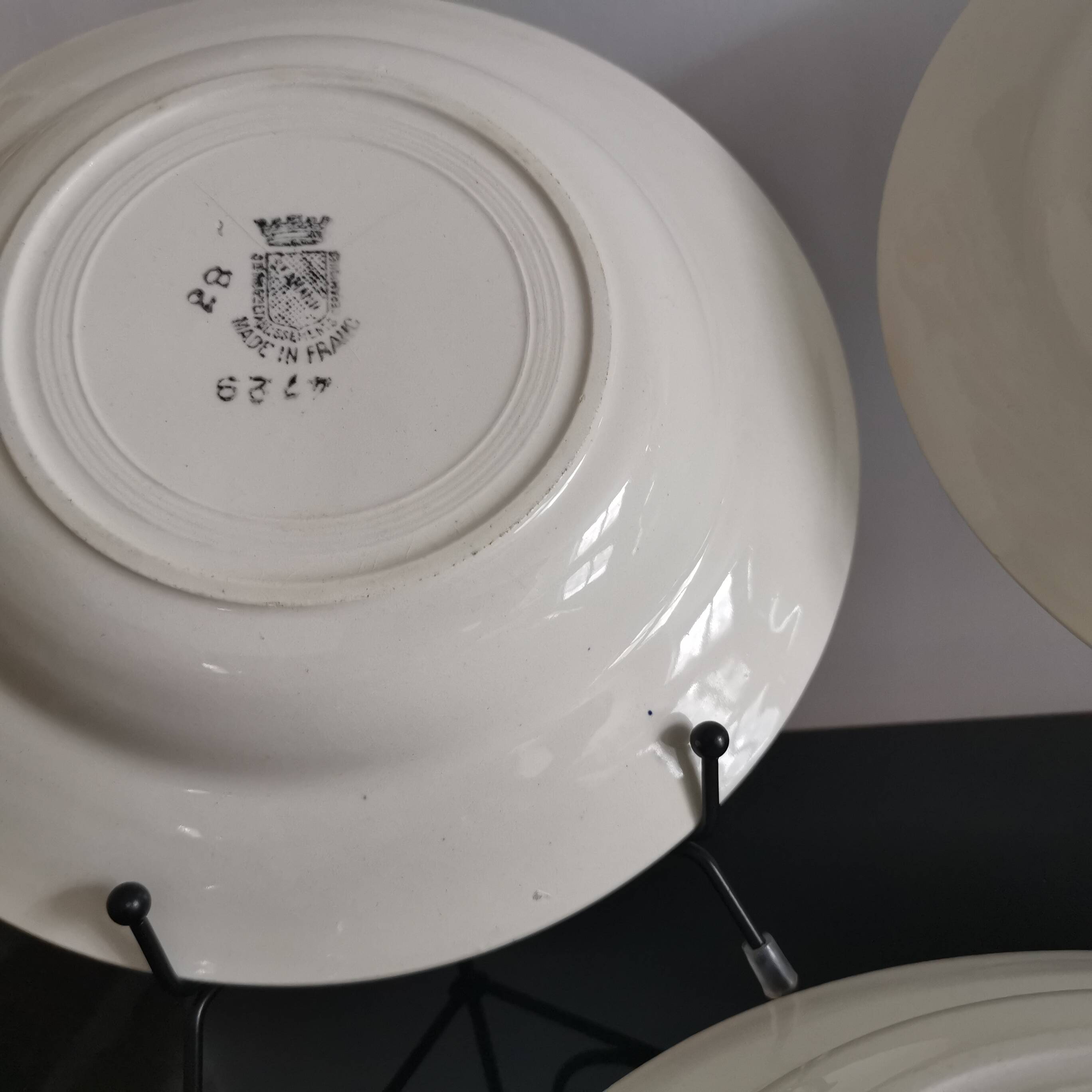 3 soup plates with blue frieze & St Amand fans