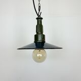 Industrial blue enamel military pendant lamp with cast aluminium top, 1960