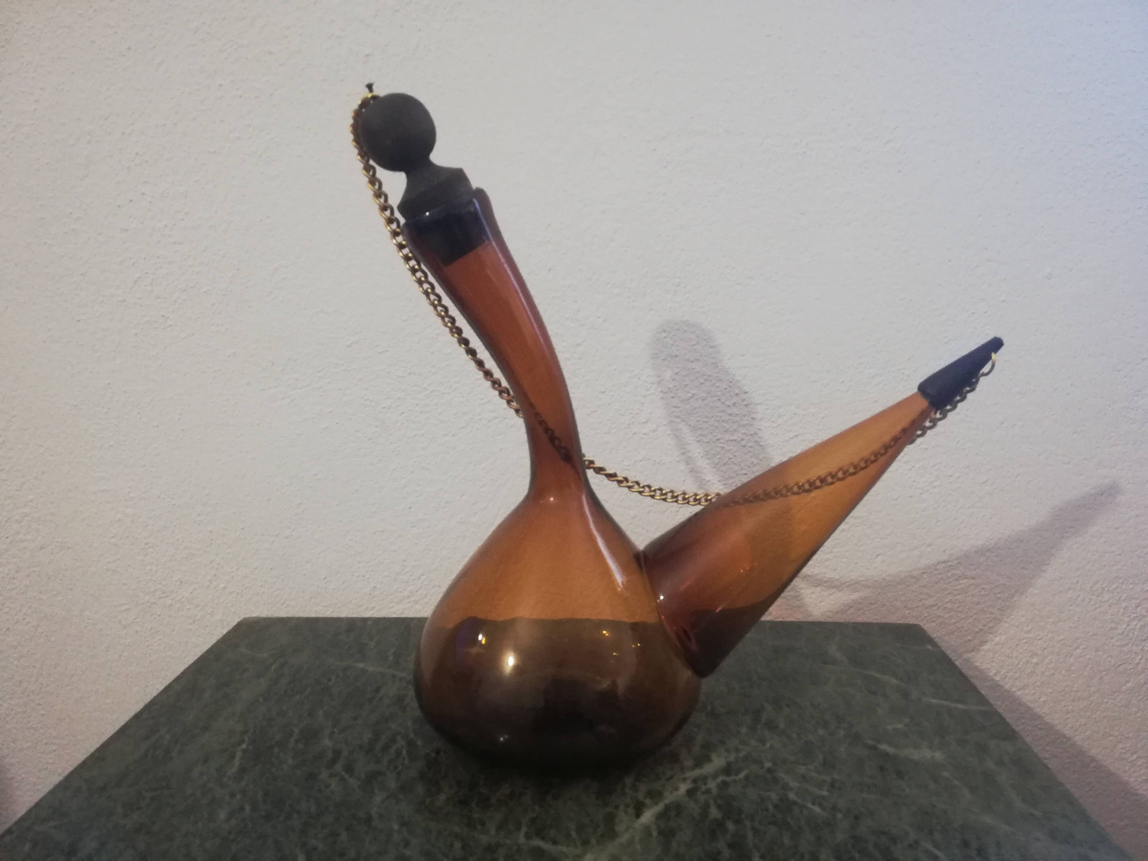 Vintage amber glass porron/vintage carafe/pitcher