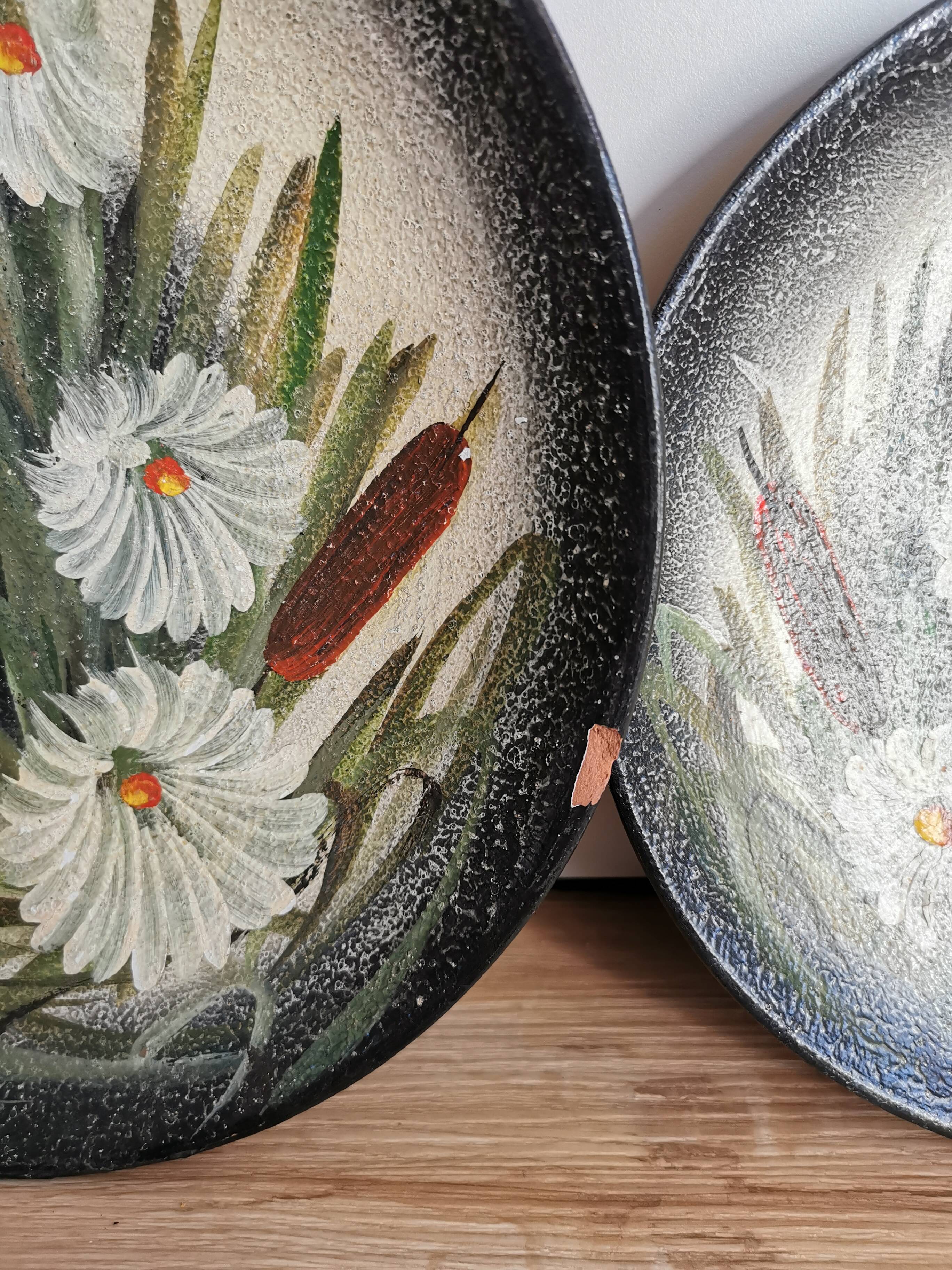 Vintage Hand-Painted Clay Plates: 1970s Yugoslavian Floral Wall Decor