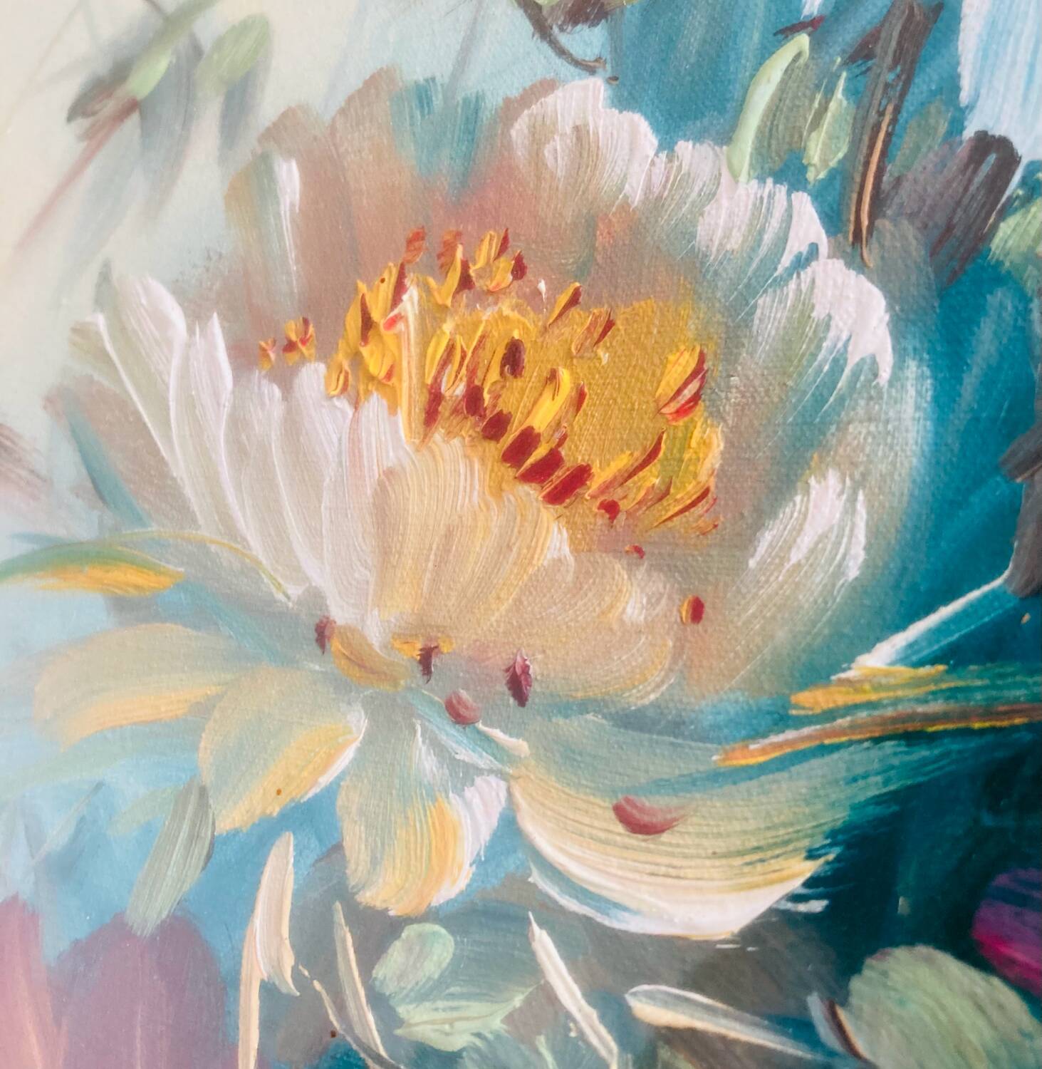 Large HST painting depicting a floral bouquet signed Lina Pont (?)