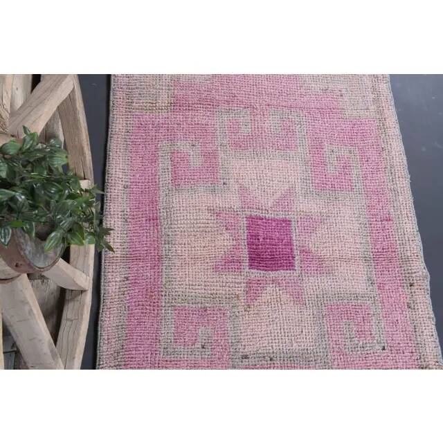 Vintage Turkish Oushak handmade wool cotton pink runner rug 100x320