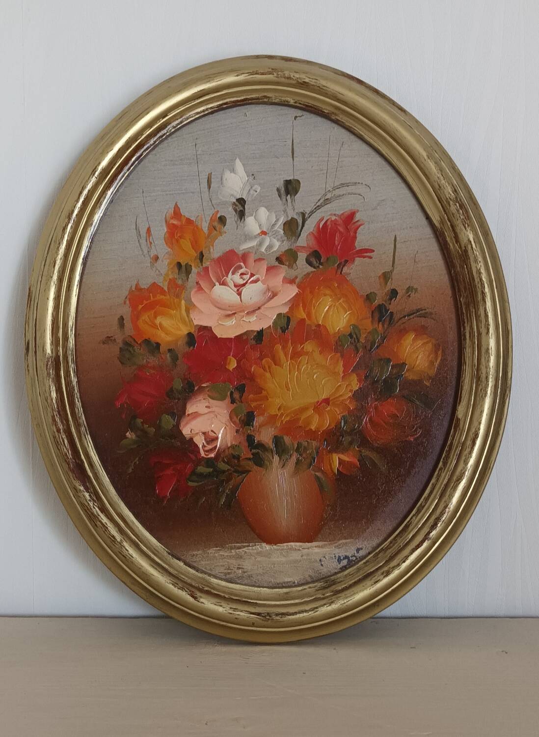 20th century oil on wood bouquet painting