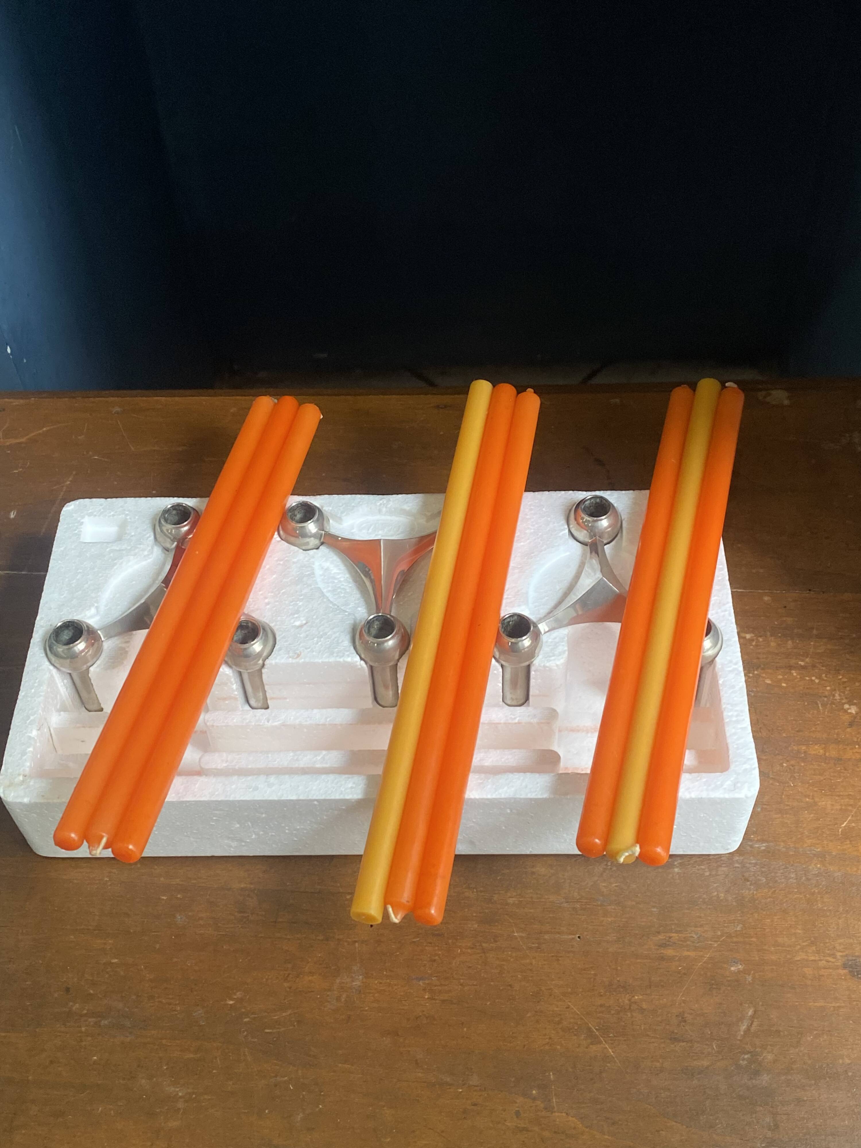 Set of 3 S22 candle holders and 9 vintage 1970 NAGEL modular candles in box.