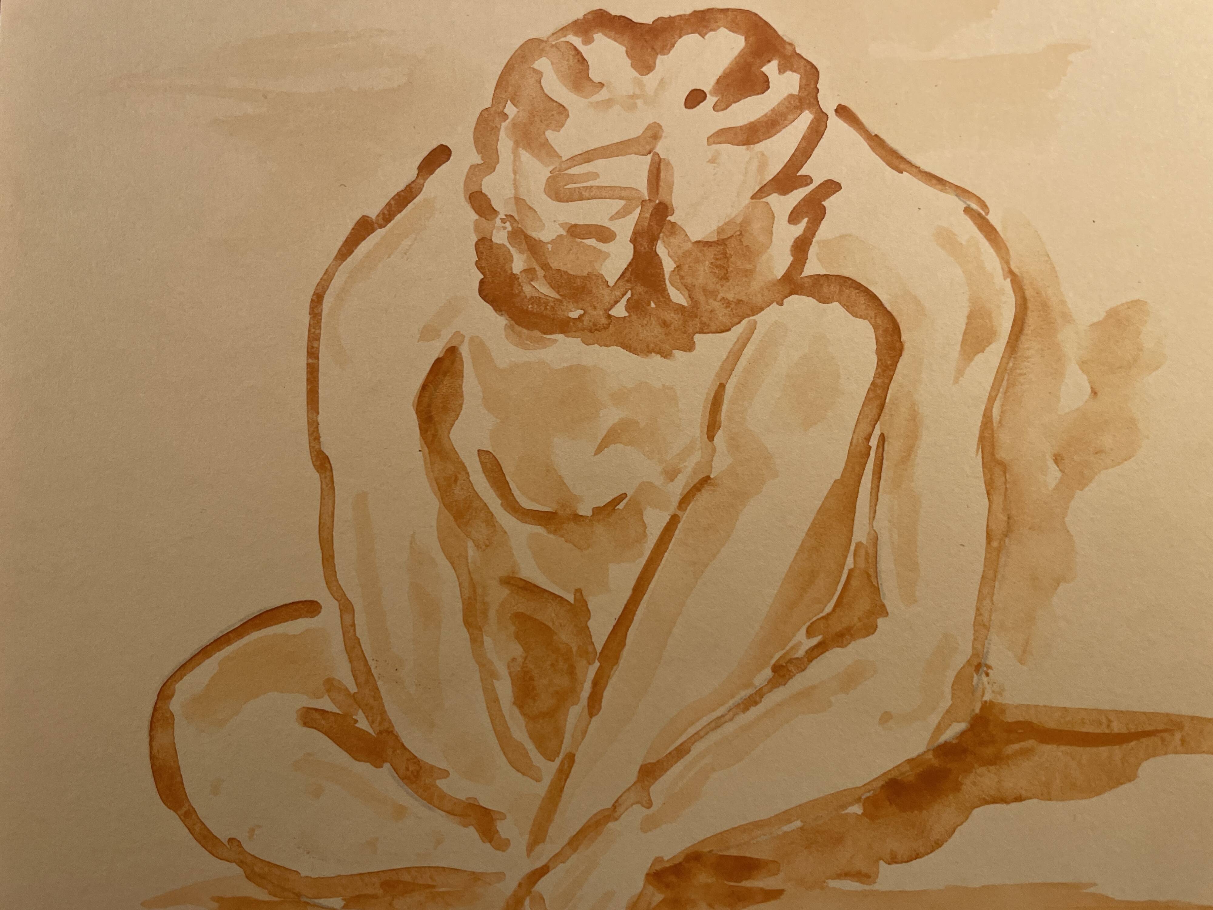 Signed painting monochrome watercolor female portrait "crouching study"