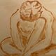 Signed painting monochrome watercolor female portrait "crouching study"