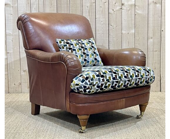 English club armchair in leather from the 90s, seat and cushion in  PADDINGTON fabric from CASAMANCE | Selency