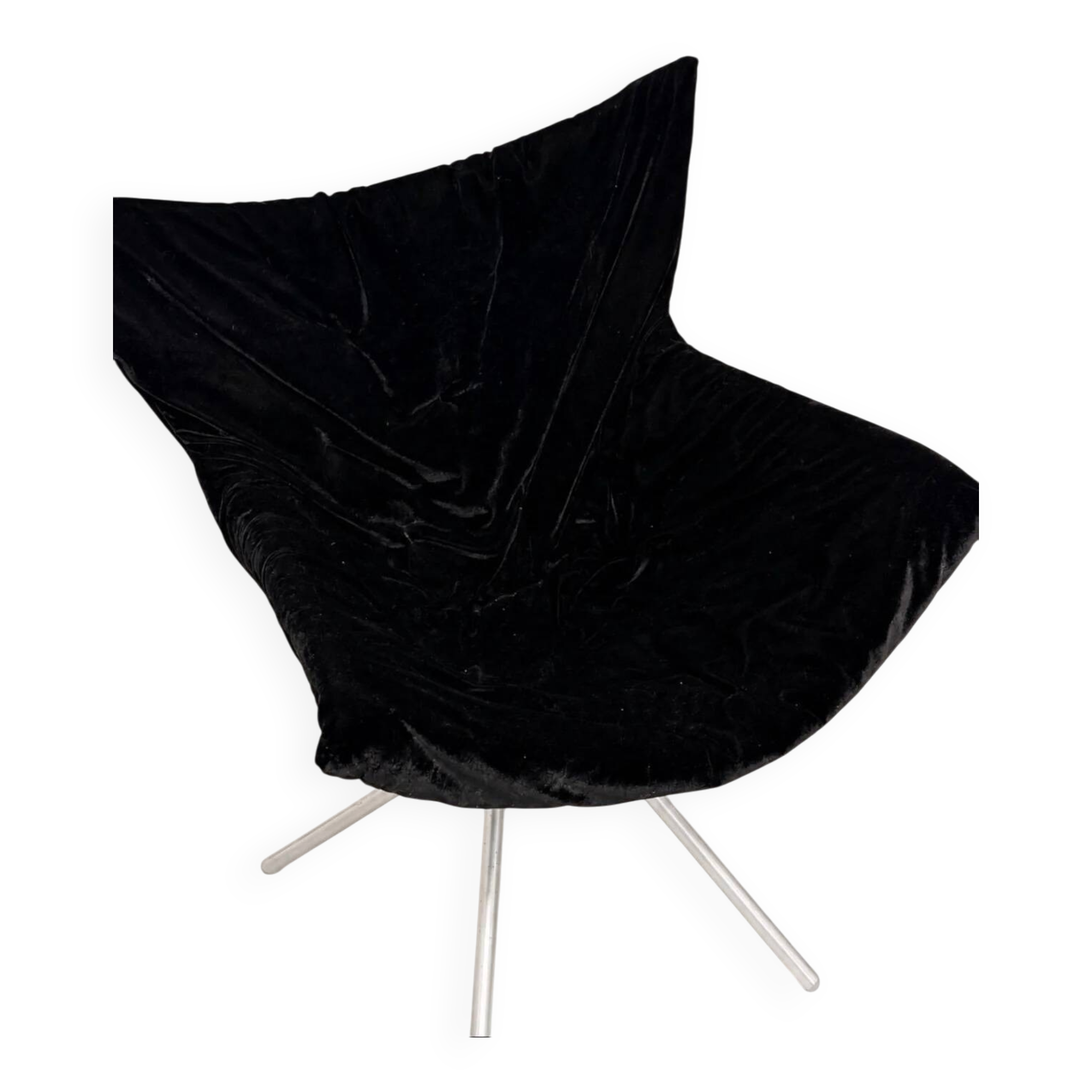 Vintage black velvet swivel lounge chair, sculptural butterfly shape.