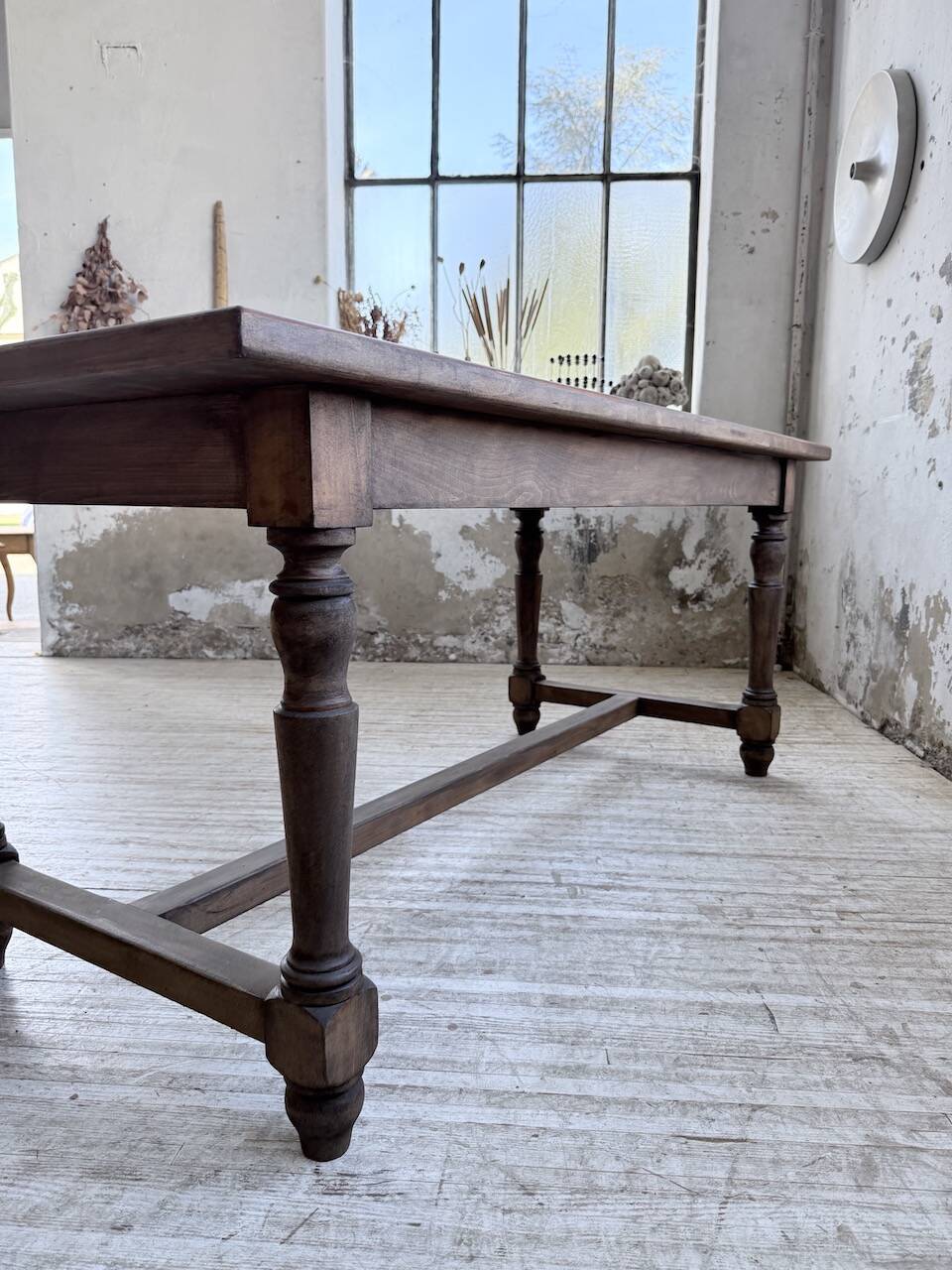 Farm table with turned legs, made of pine and birch, 180cm.