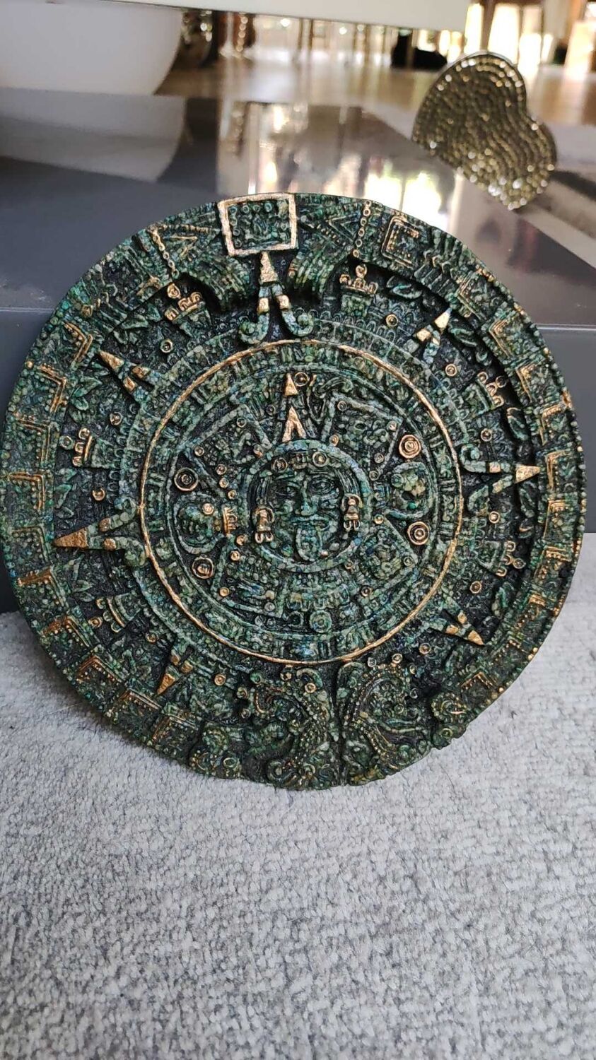 Aztec/Mayan wall solar mirror, in crushed Malachite stone, gold highlights