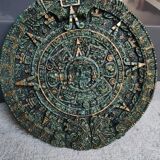 Aztec/Mayan wall solar mirror, in crushed Malachite stone, gold highlights