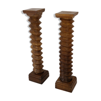 Pair of sellettes-columns "screws" in oak.