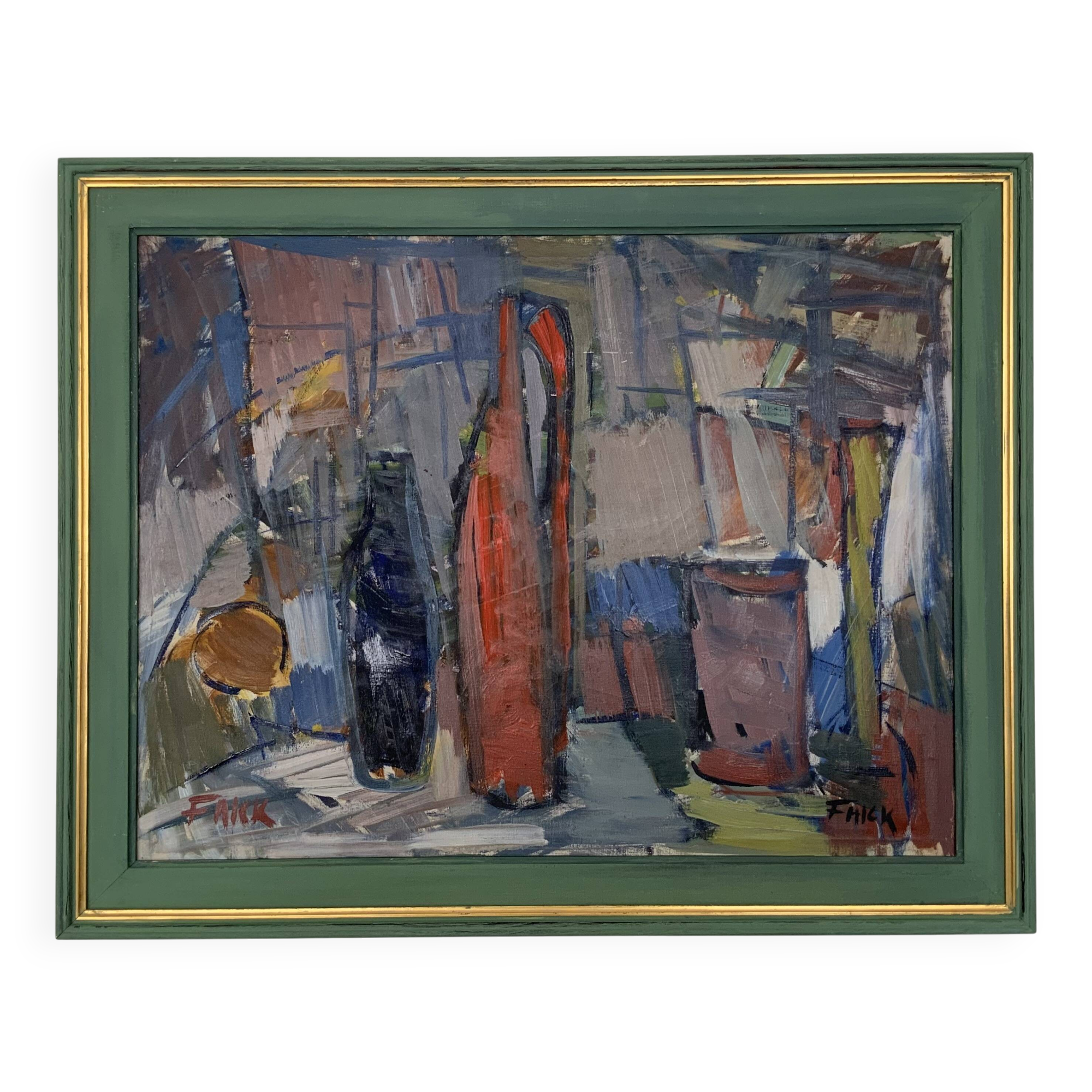 Vintage Modernists Oil Painting Still Life With Red Bottle, Signed Falck