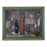 Vintage Modernists Oil Painting Still Life With Red Bottle, Signed Falck