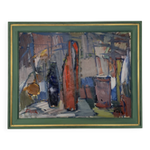 Peinture à l'huile vintage moderniste nature morte avec bouteille rouge, signée Falck