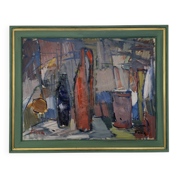 Vintage Modernists Oil Painting Still Life With Red Bottle, Signed Falck