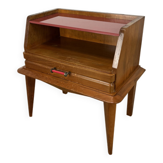Table de chevet années 50 style vintage, bois et verre