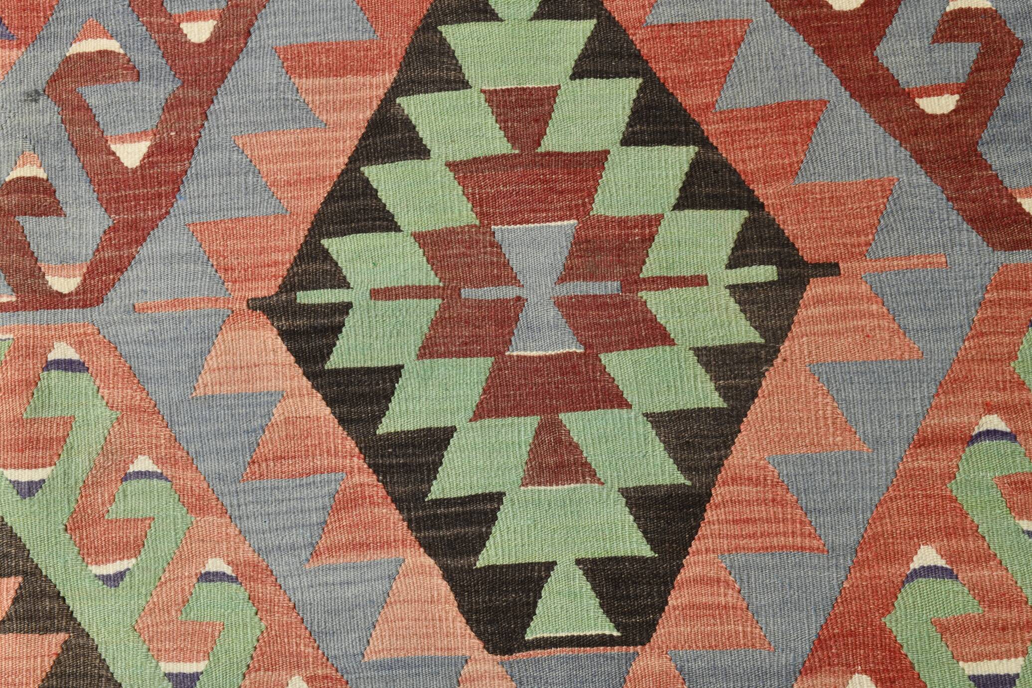 6x9 Green & Salmon Geometric Kilim Rug, 177x266Cm