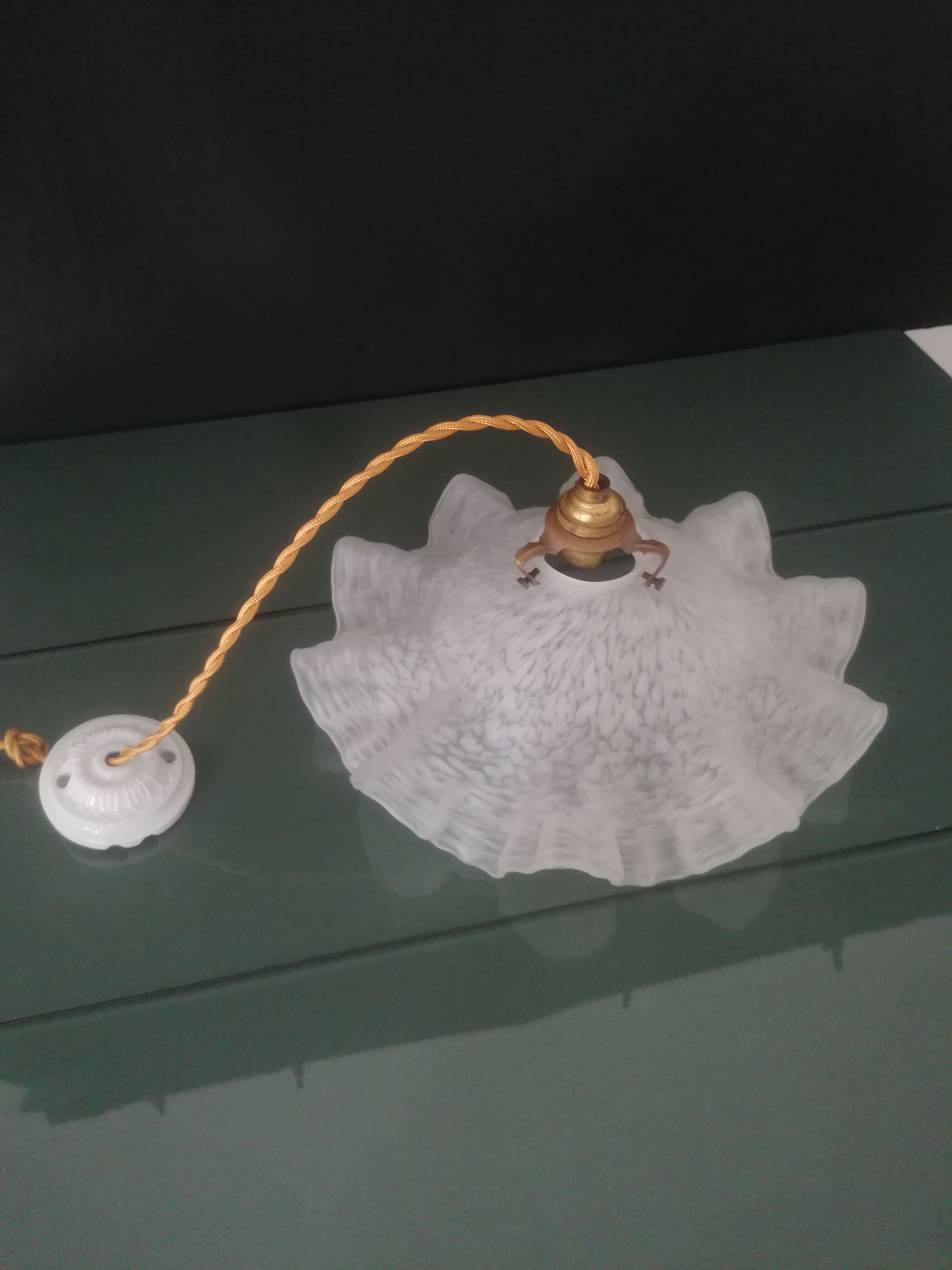 Old corrugated Clichy glass suspension - white speckled - 40s
