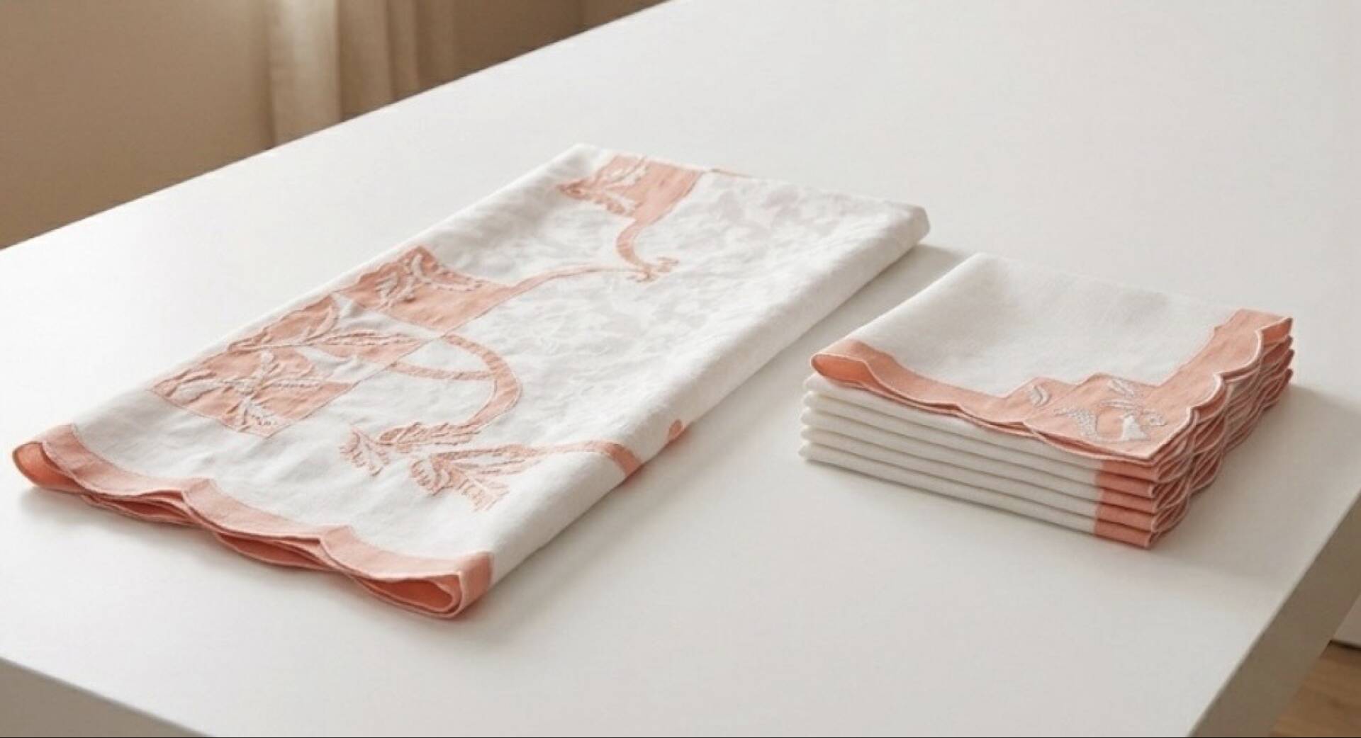 Art Deco table service from the 1930s: large rectangular tablecloth and 6 place settings.