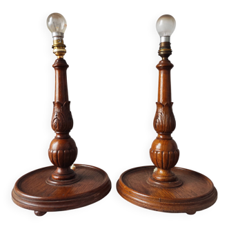 Pair of antique carved wooden lamps