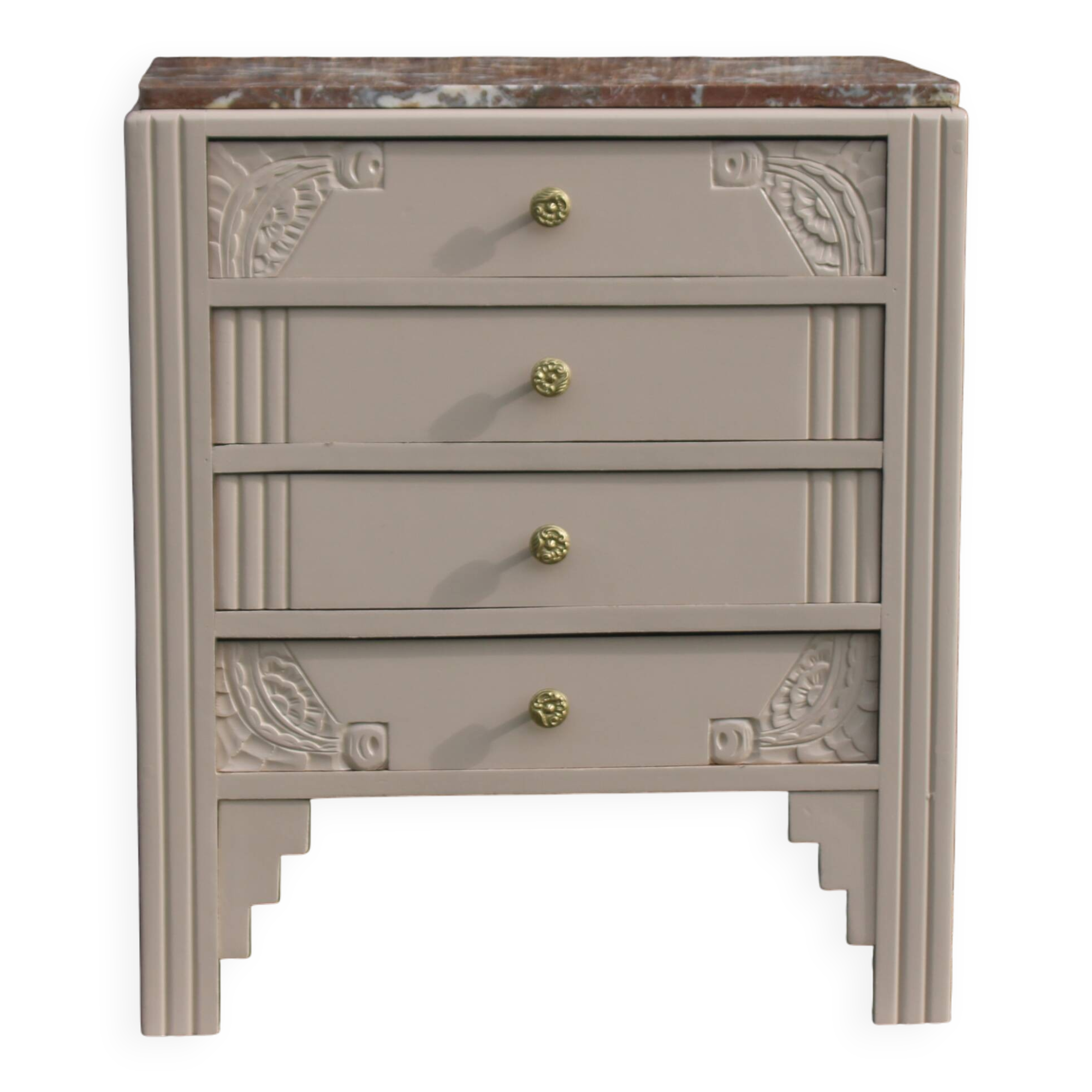 Commode vintage rénovée avec marbre rouge et blanc – 4 tiroirs