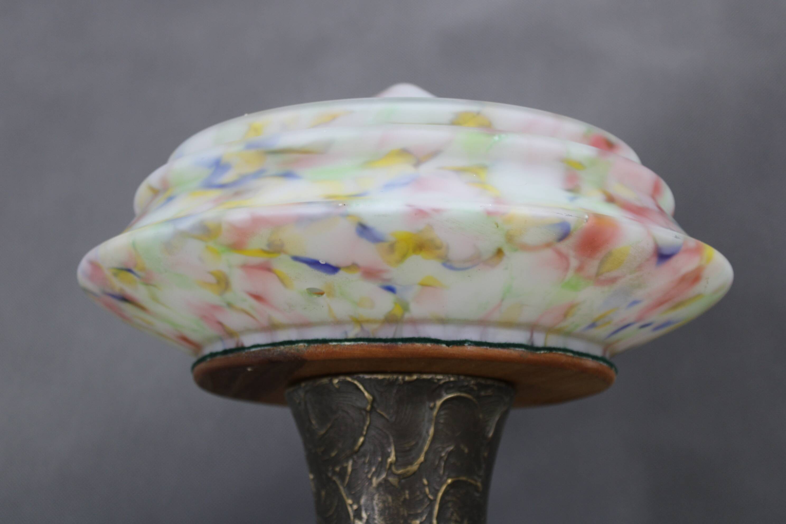 1940s restored brass table lamp with wooden base and glass shade