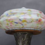 1940s restored brass table lamp with wooden base and glass shade