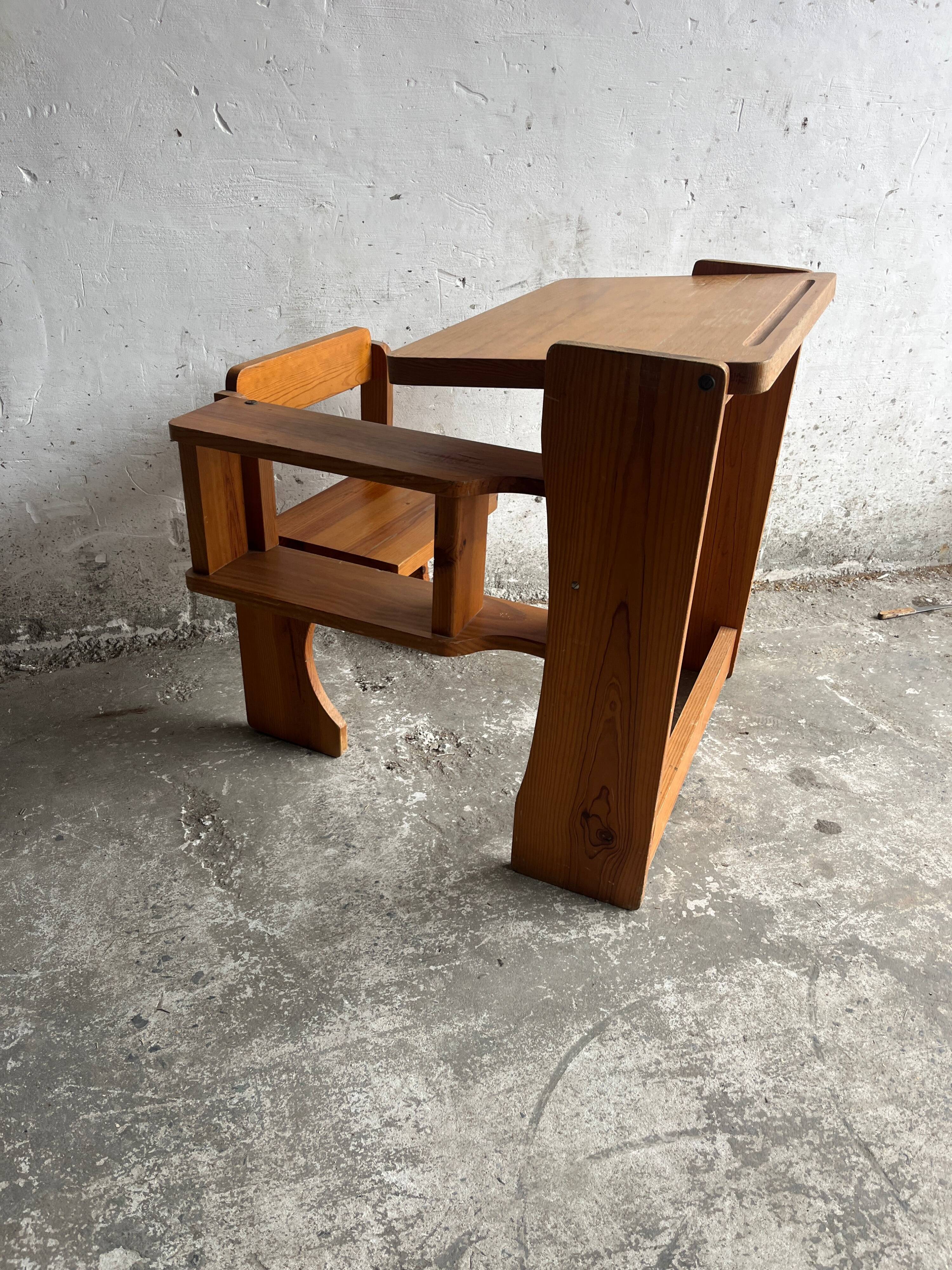 Vintage wooden folding school desk with bench – 1960s
