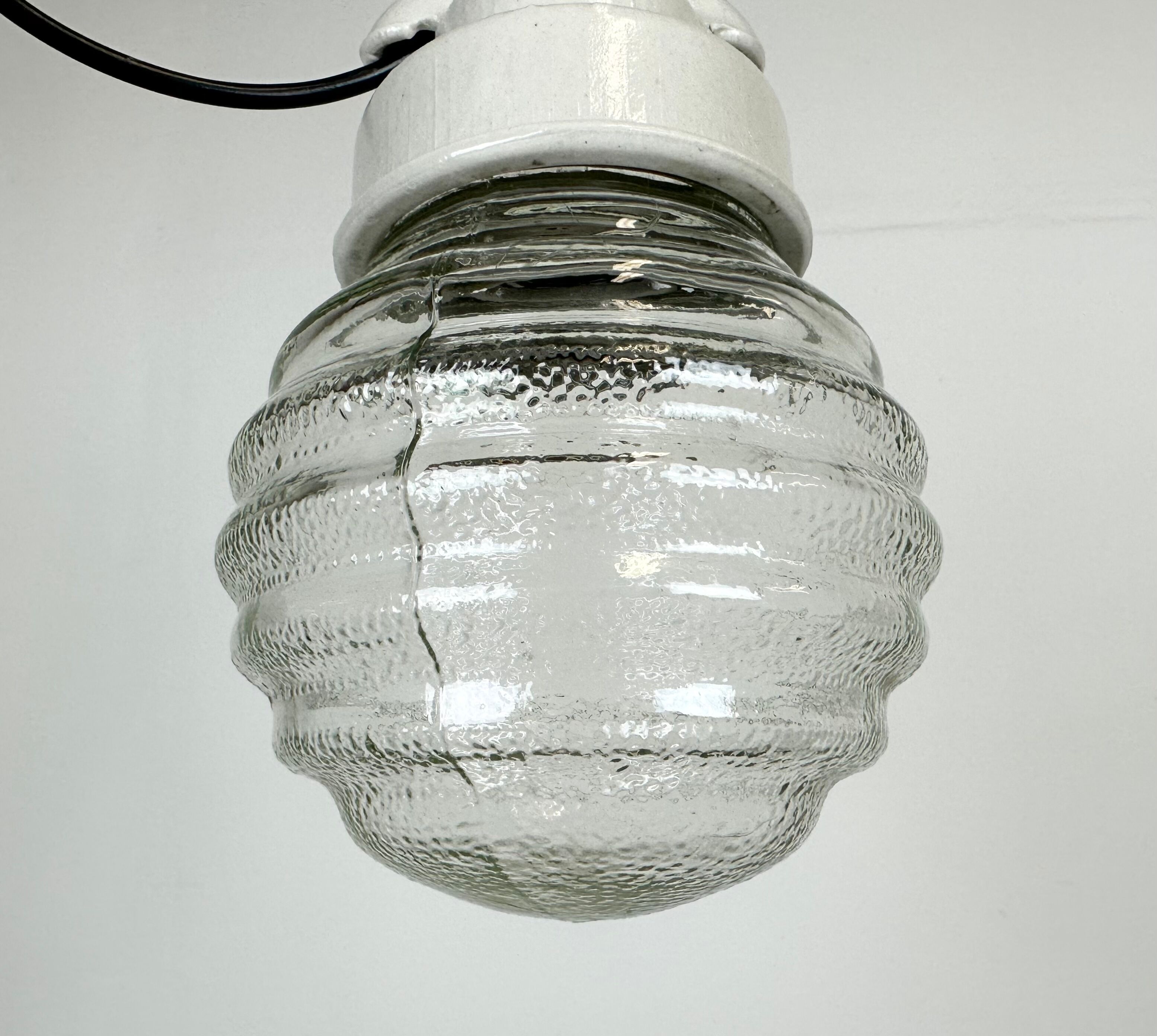 Industrial white porcelain pendant light with ribbed glass, 1970s