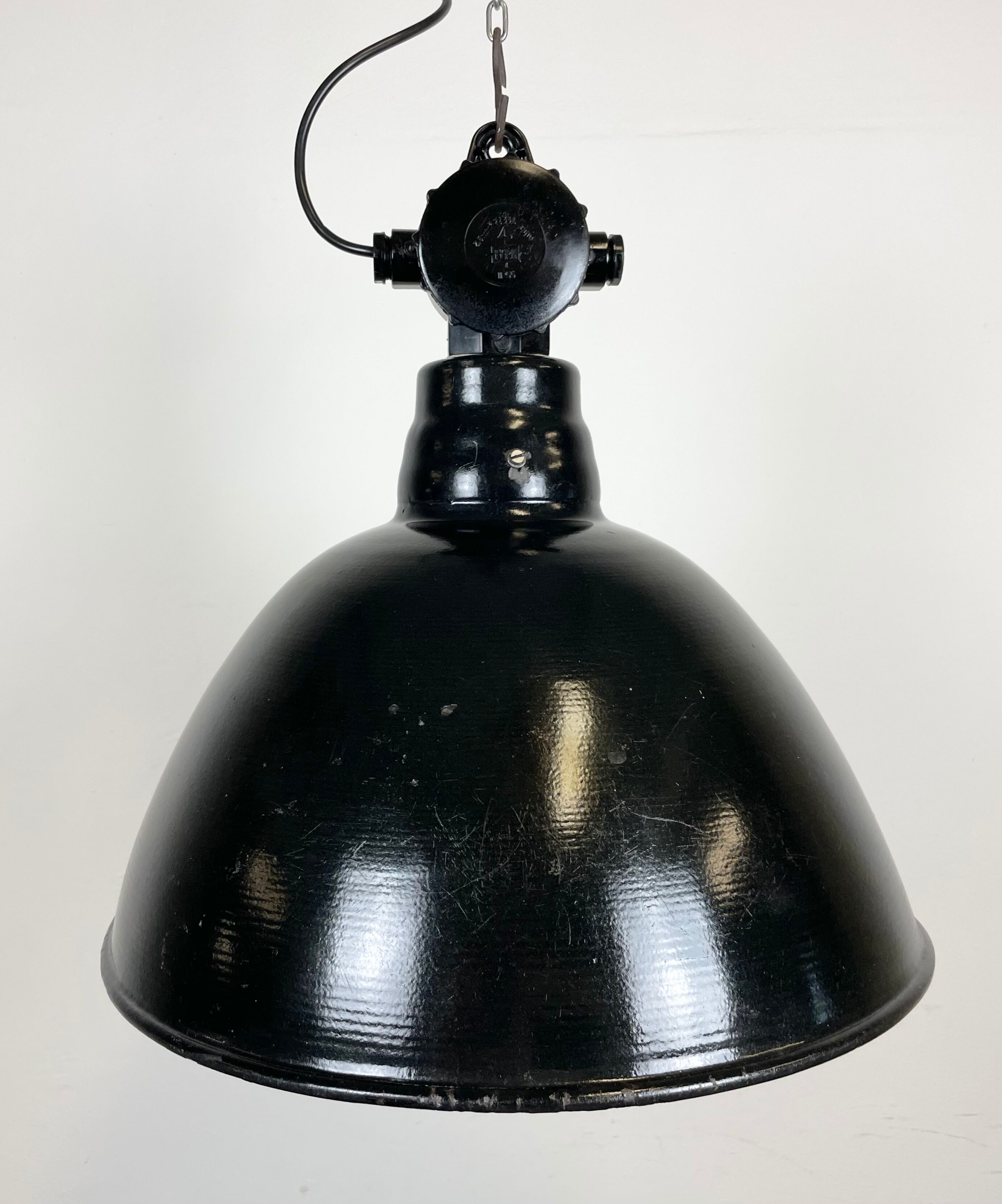East german black enamel factory light by LBD Veb Leuchtenbau Dresden, 1950s