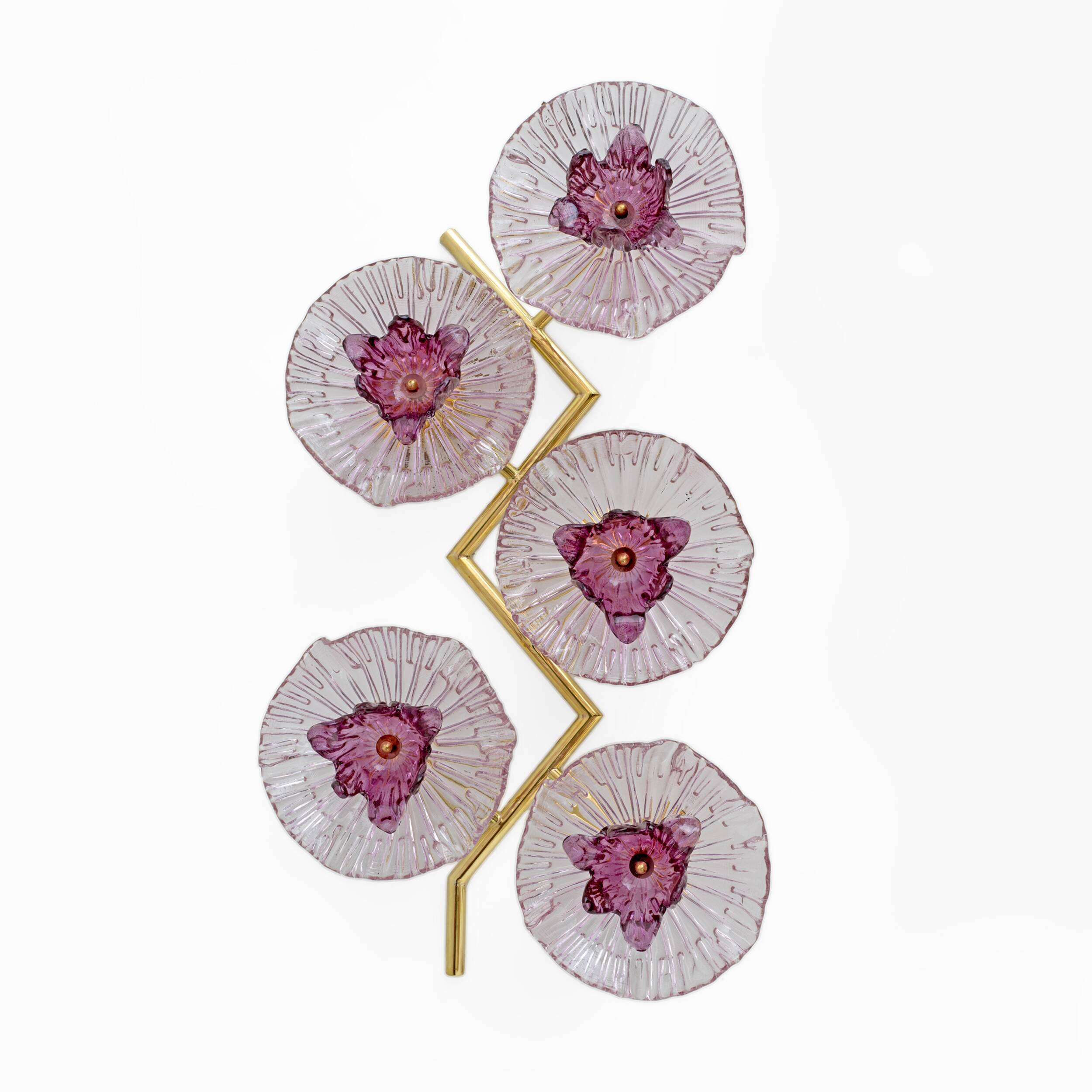 Pair of Modern Italian Murano Glass and Brass Flowers Wall Lamps