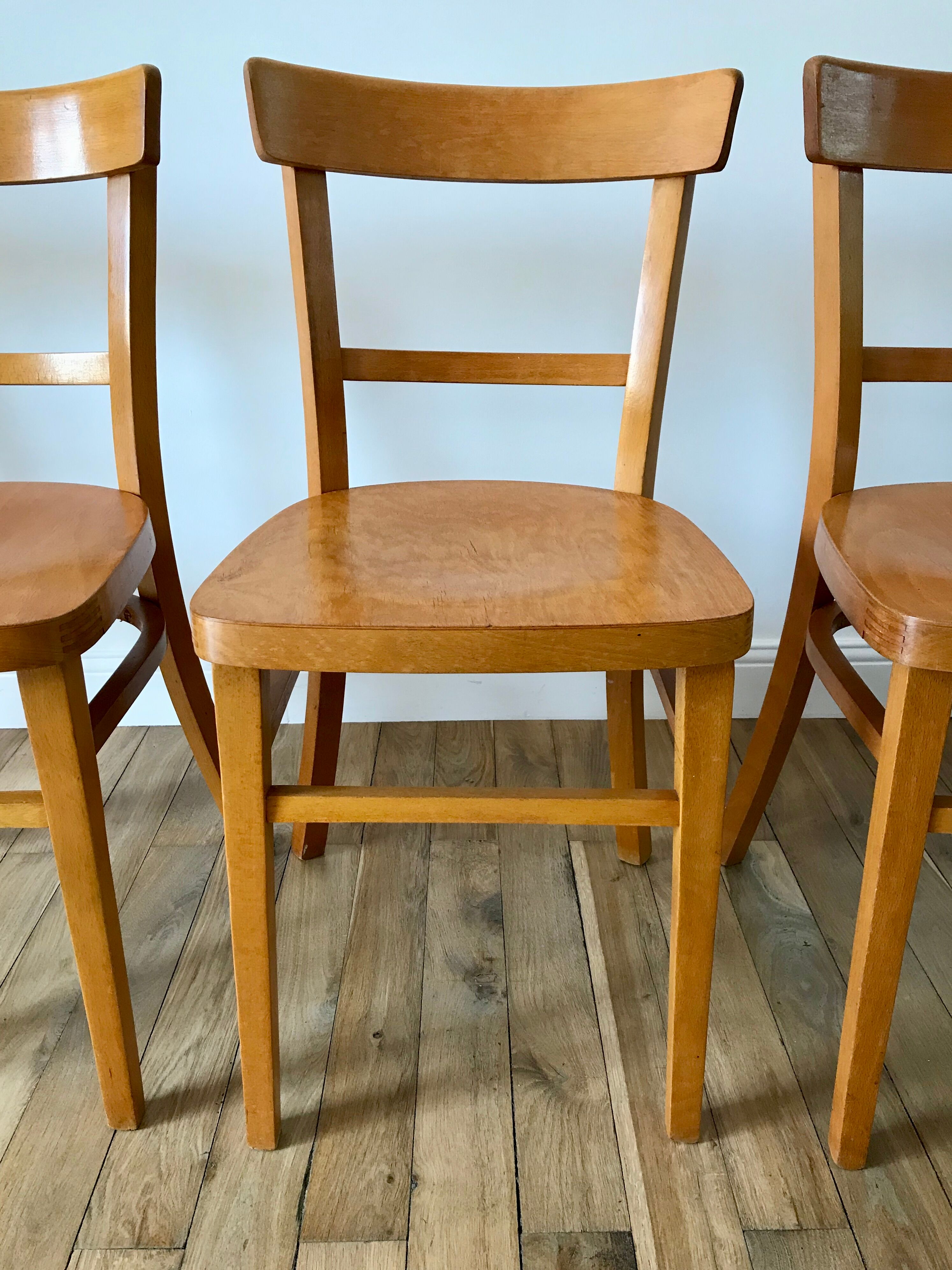 set of 4 Thonet bistro chairs in curved wood honey Mid-Century 50s