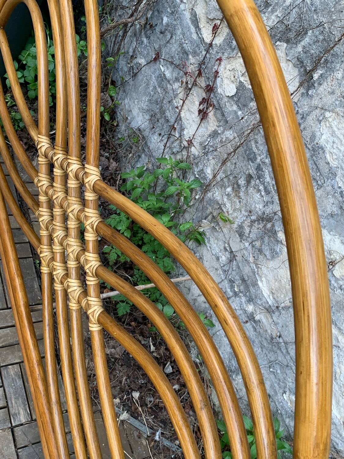 Rattan and leather headboard 140cm vintage 1970