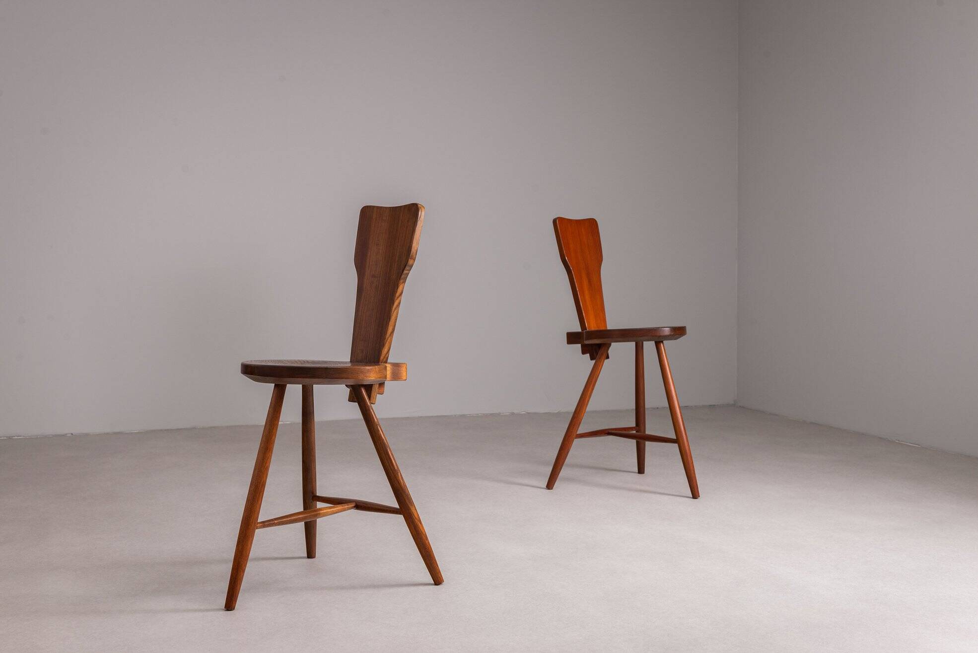 Pair of sculptural rustic wooden chairs in pine France 1960