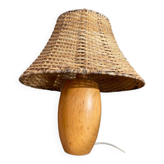 Wooden Lamp with Rattan Lampshade