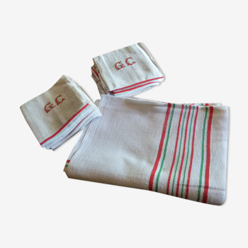 Nappe ancienne 1920/1930 lin beige losanges et rayures rouges et vertes + serviettes