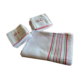 Nappe ancienne 1920/1930 lin beige losanges et rayures rouges et vertes + serviettes