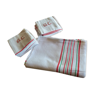 Old tablecloth 1920/1930 linen beige diamonds and red and green stripes + towels