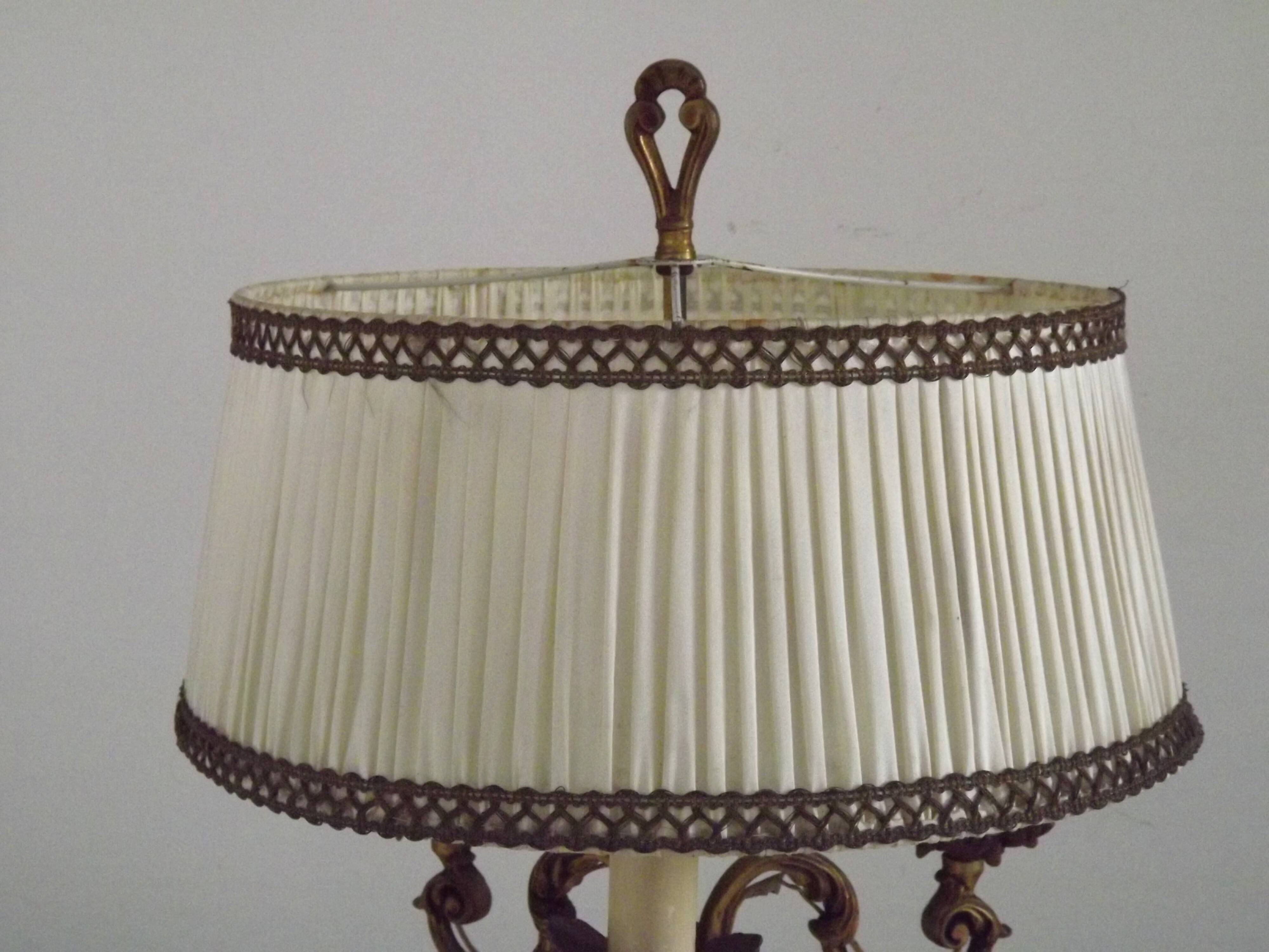 Bronze French Antique Art Nouveau 3-Light Candelabra Lamp Pleated Shade