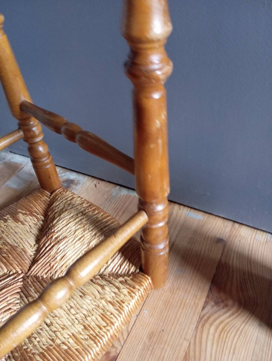 Turned wood stool, straw seat, vintage countryside