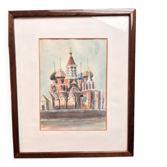 Old Watercolour Historical Building Russia Orthodox Cathedral Moscow 199