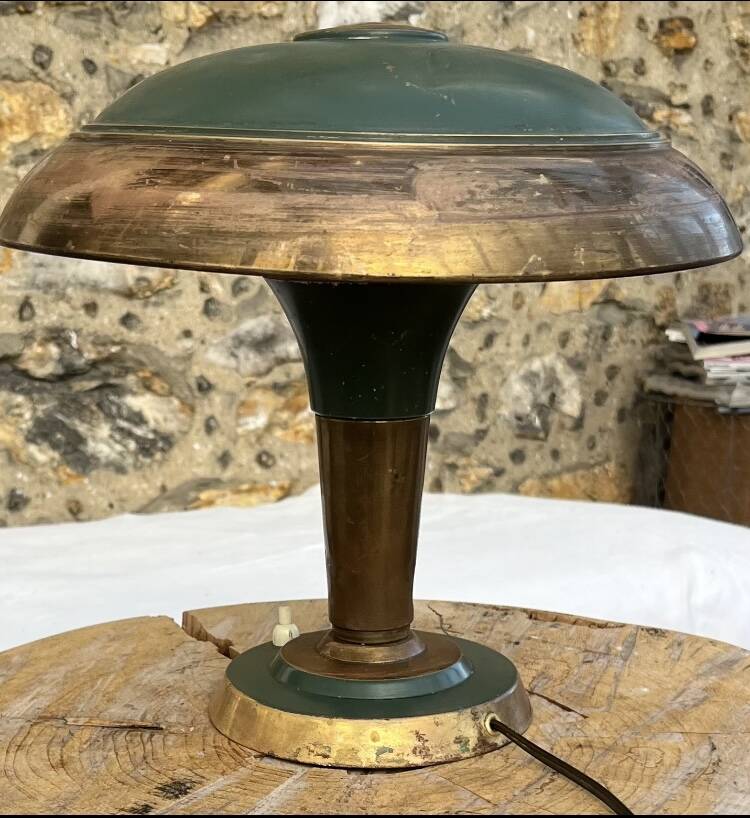 Vintage brass & green metal lamp - mushroom / Art Deco