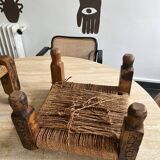 Stool in carved wood and rope from the 70s