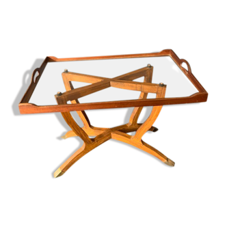 Table basse pliante en bois et laiton, 1950